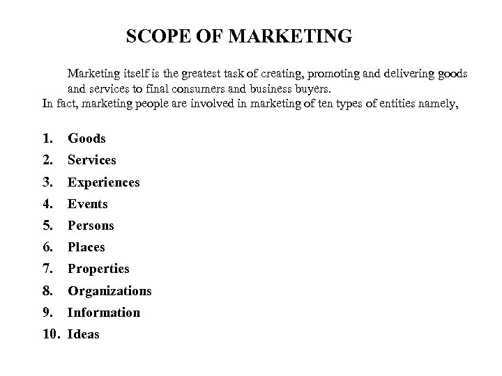 MARKETING MANAGEMENT INTRODUCTION TO MARKETING Nature Scope