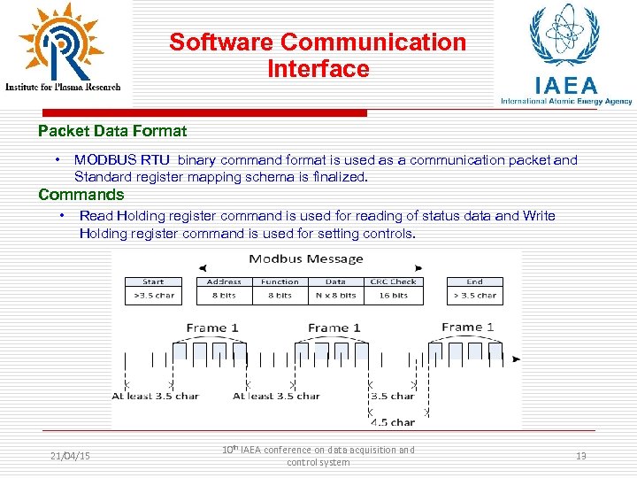 Software Communication Interface Packet Data Format • MODBUS RTU binary command format is used