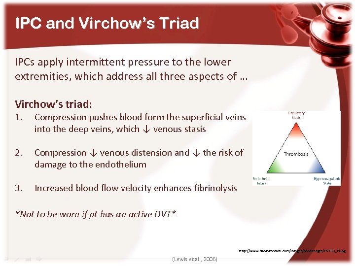 IPC and Virchow’s Triad IPCs apply intermittent pressure to the lower extremities, which address