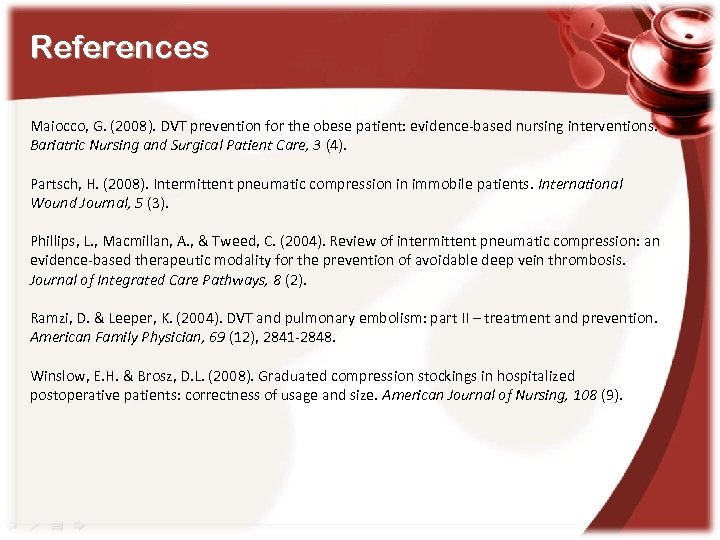 References Maiocco, G. (2008). DVT prevention for the obese patient: evidence-based nursing interventions. Bariatric
