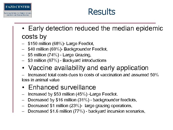 Results • Early detection reduced the median epidemic costs by – – $150 million