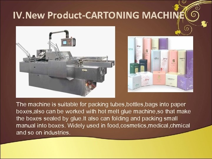 IV. New Product-CARTONING MACHINE The machine is suitable for packing tubes, bottles, bags into