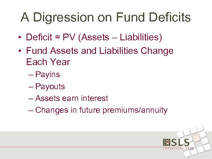 A Digression on Fund Deficits • Deficit = PV (Assets – Liabilities) • Fund