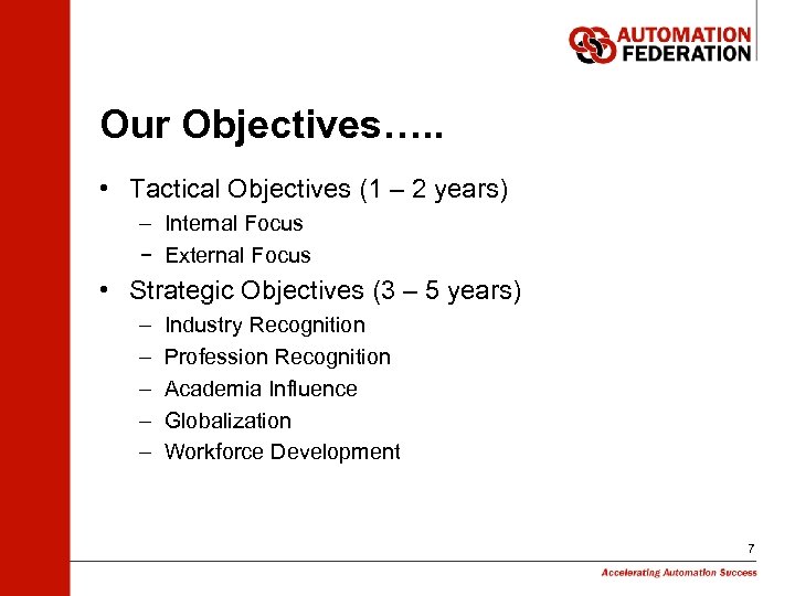 Our Objectives…. . • Tactical Objectives (1 – 2 years) – Internal Focus –