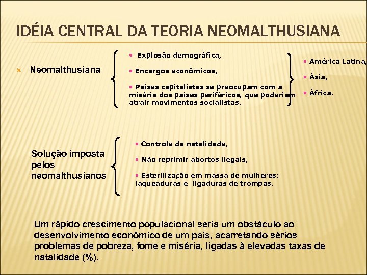 IDÉIA CENTRAL DA TEORIA NEOMALTHUSIANA • Explosão demográfica, Neomalthusiana • Encargos econômicos, • Países