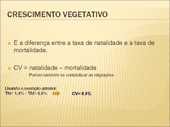 CRESCIMENTO VEGETATIVO É a diferença entre a taxa de natalidade e a taxa de