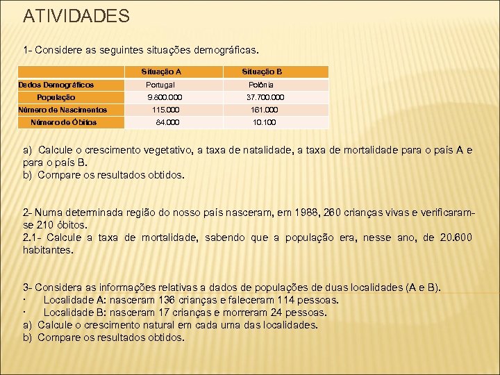 ATIVIDADES 1 - Considere as seguintes situações demográficas. Situação A Situação B Dados Demográficos