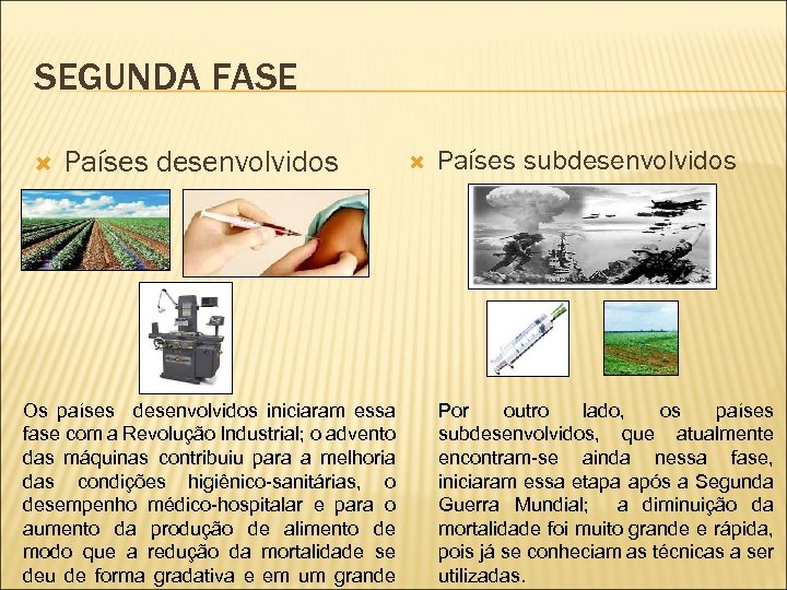SEGUNDA FASE Países desenvolvidos Os países desenvolvidos iniciaram essa fase com a Revolução Industrial;