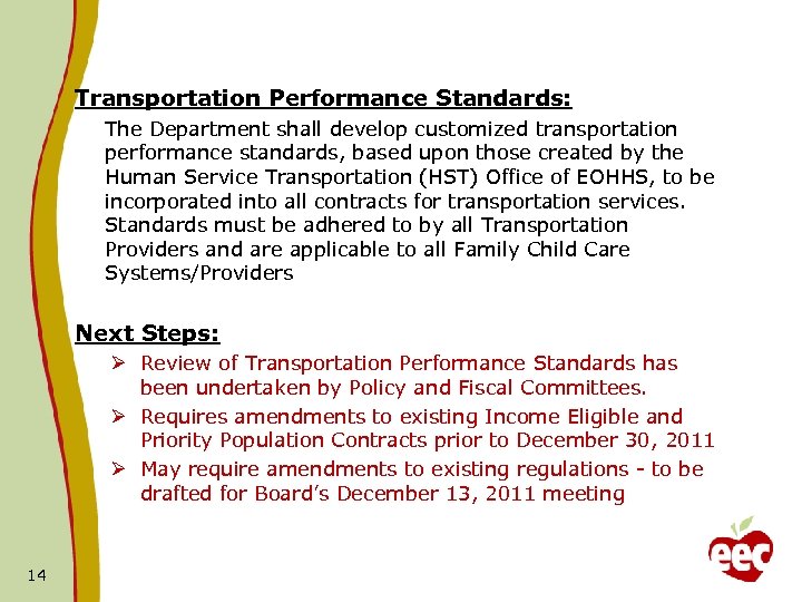 Transportation Performance Standards: The Department shall develop customized transportation performance standards, based upon those