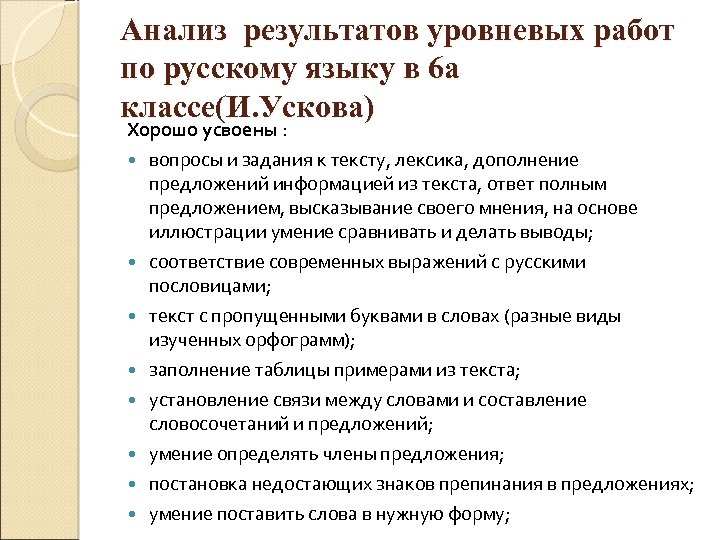 Анализ результатов уровневых работ по русскому языку в 6 а классе(И. Ускова) Хорошо усвоены