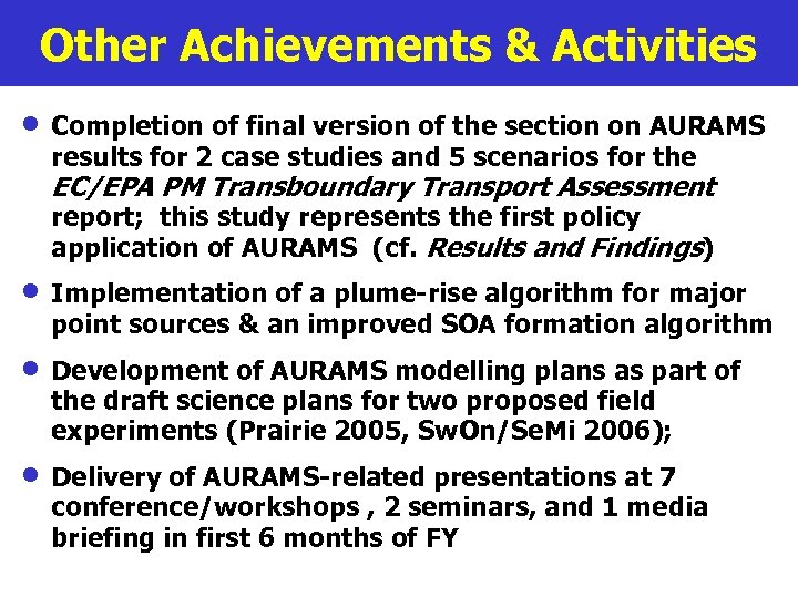 Other Achievements & Activities · Completion of final version of the section on AURAMS