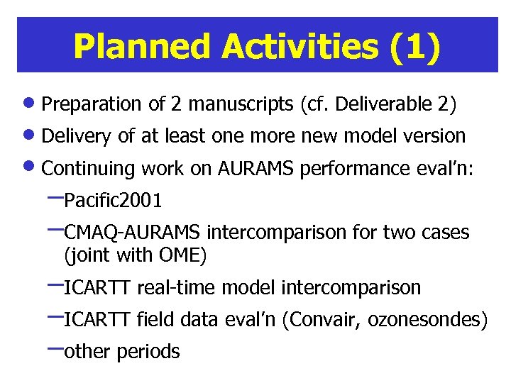 Planned Activities (1) · Preparation of 2 manuscripts (cf. Deliverable 2) · Delivery of