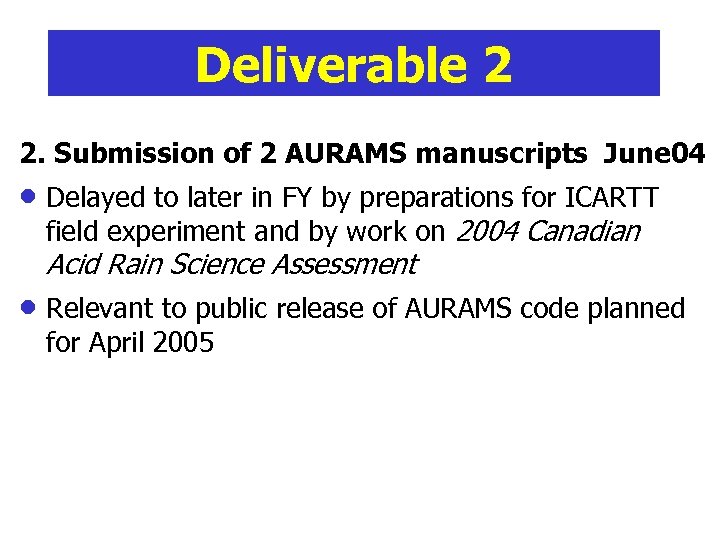 Deliverable 2 2. Submission of 2 AURAMS manuscripts June 04 · Delayed to later
