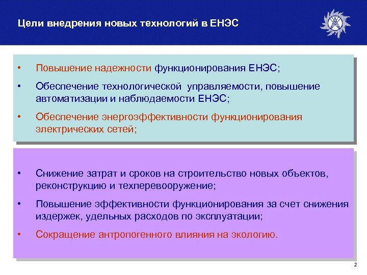 Цели внедрения новых технологий в ЕНЭС • Повышение надежности функционирования ЕНЭС; • Обеспечение технологической