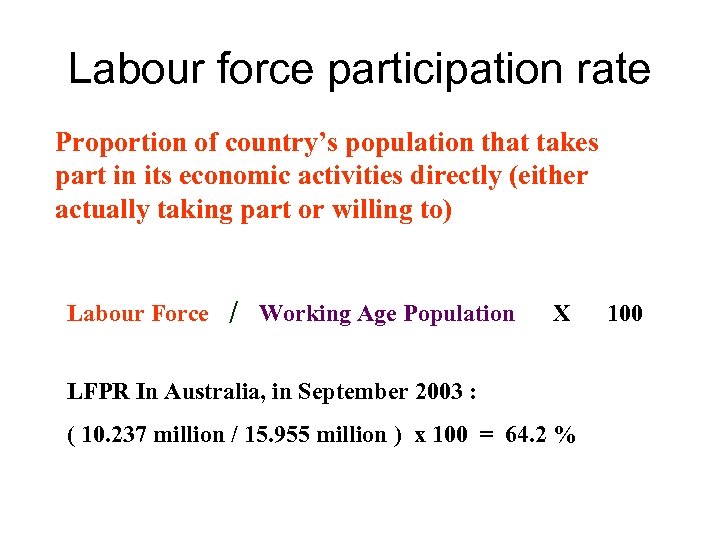 Labour force participation rate Proportion of country’s population that takes part in its economic