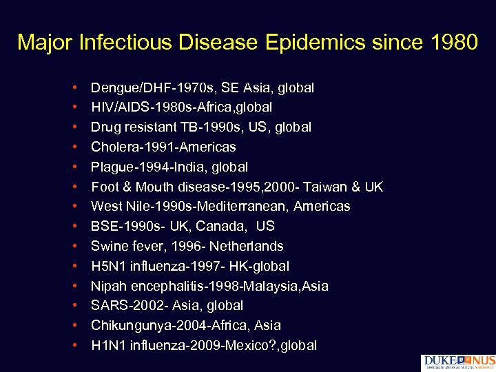 Major Infectious Disease Epidemics since 1980 • • • • Dengue/DHF-1970 s, SE Asia,