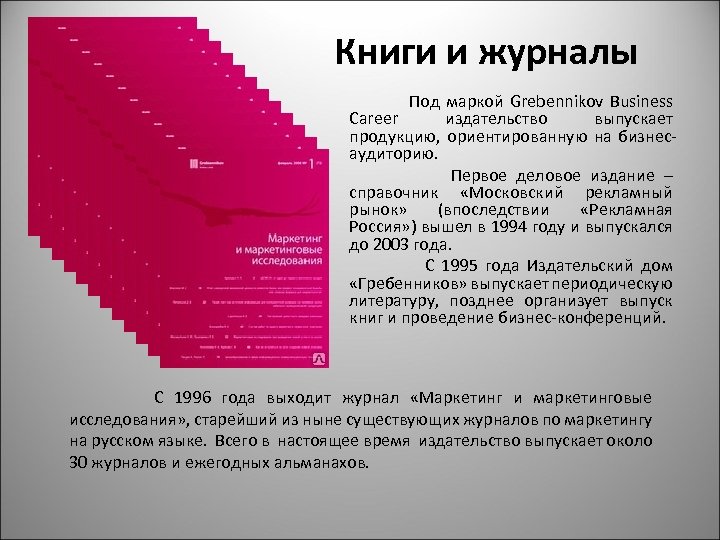 Книги и журналы Под маркой Grebennikov Business Career издательство выпускает продукцию, ориентированную на бизнесаудиторию.