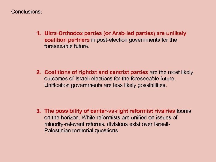 Conclusions: 1. Ultra-Orthodox parties (or Arab-led parties) are unlikely coalition partners in post-election governments