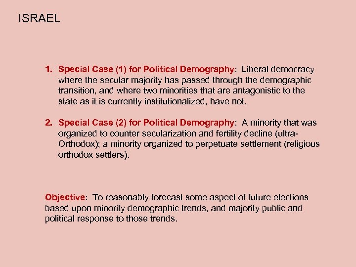 ISRAEL 1. Special Case (1) for Political Demography: Liberal democracy where the secular majority