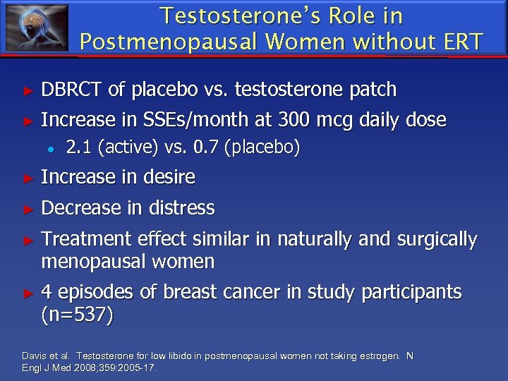 Testosterone’s Role in Postmenopausal Women without ERT ► DBRCT of placebo vs. testosterone patch