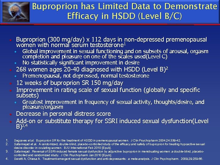 Buproprion has Limited Data to Demonstrate Efficacy in HSDD (Level B/C) Buproprion (300 mg/day)