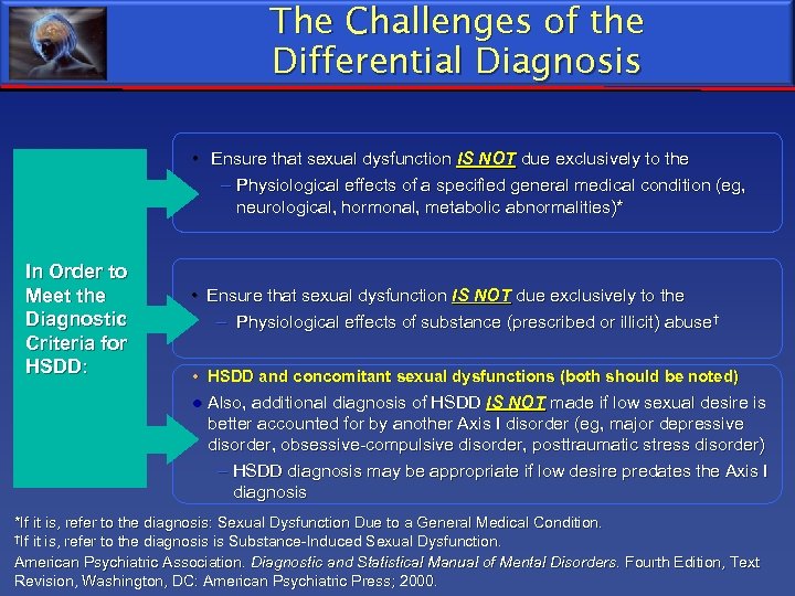 The Challenges of the Differential Diagnosis • Ensure that sexual dysfunction IS NOT due