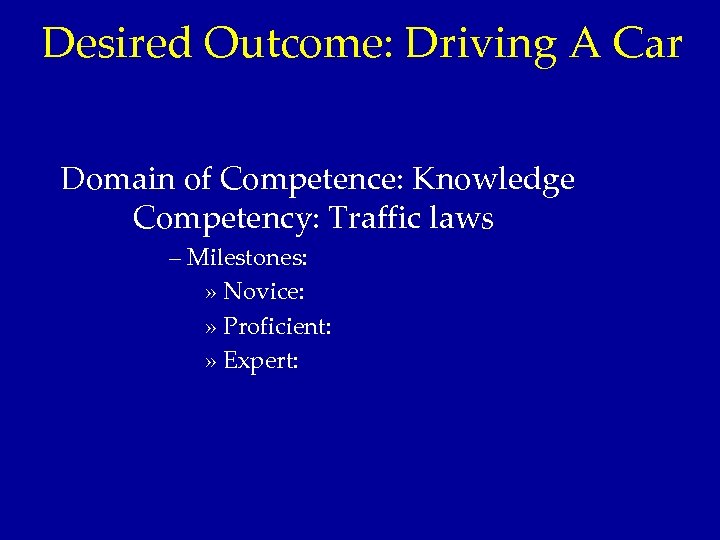 Desired Outcome: Driving A Car Domain of Competence: Knowledge Competency: Traffic laws – Milestones:
