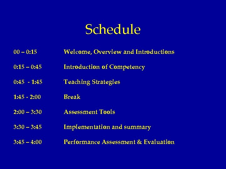 Schedule 00 – 0: 15 Welcome, Overview and Introductions 0: 15 – 0: 45