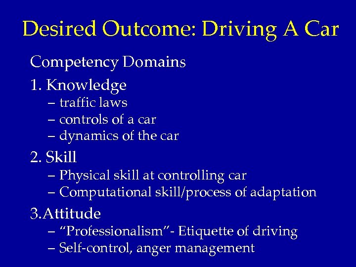 Desired Outcome: Driving A Car Competency Domains 1. Knowledge – traffic laws – controls