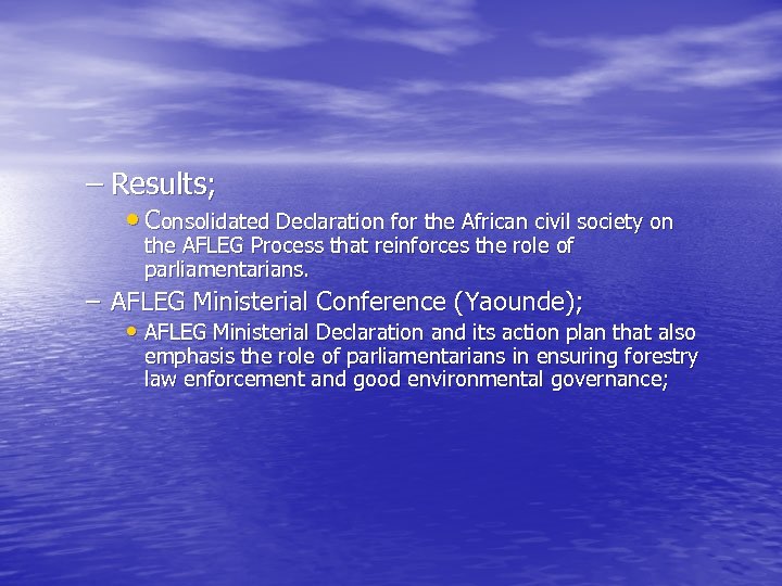 – Results; • Consolidated Declaration for the African civil society on the AFLEG Process