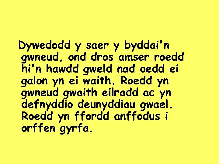 Dywedodd y saer y byddai'n gwneud, ond dros amser roedd hi'n hawdd gweld nad