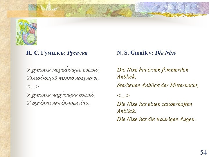 Н. С. Гумилев: Русалка N. S. Gumilev: Die Nixe У руса лки мерца ющий