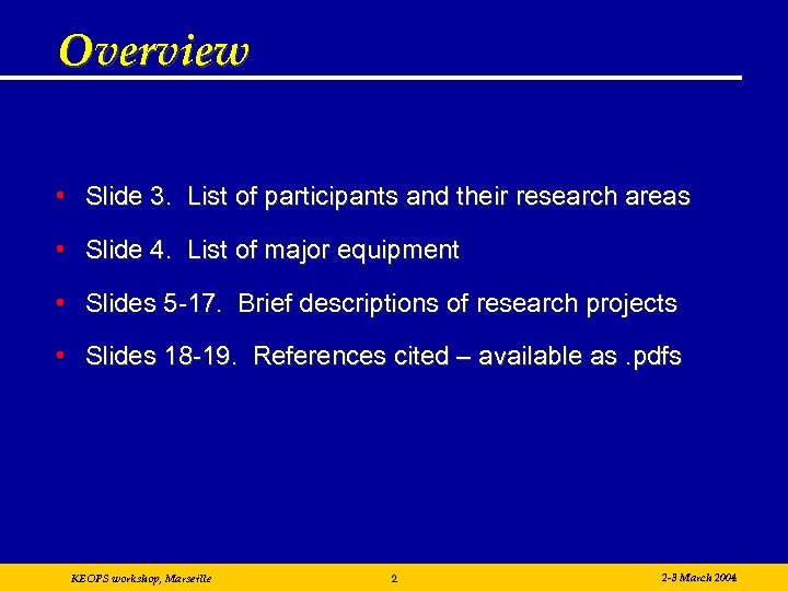 Overview • Slide 3. List of participants and their research areas • Slide 4.