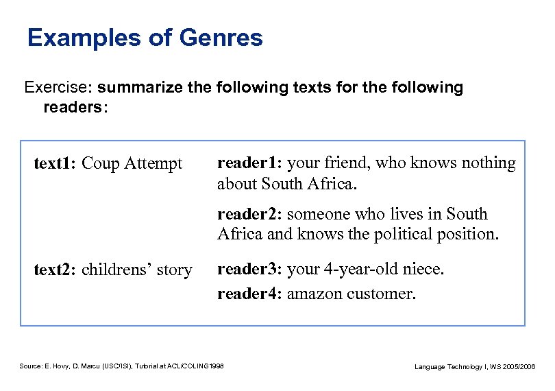 Examples of Genres Exercise: summarize the following texts for the following readers: text 1: