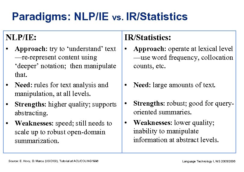 Paradigms: NLP/IE vs. IR/Statistics NLP/IE: IR/Statistics: • Approach: try to ‘understand’ text —re-represent content
