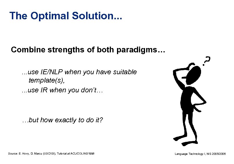 The Optimal Solution. . . Combine strengths of both paradigms…. . . use IE/NLP