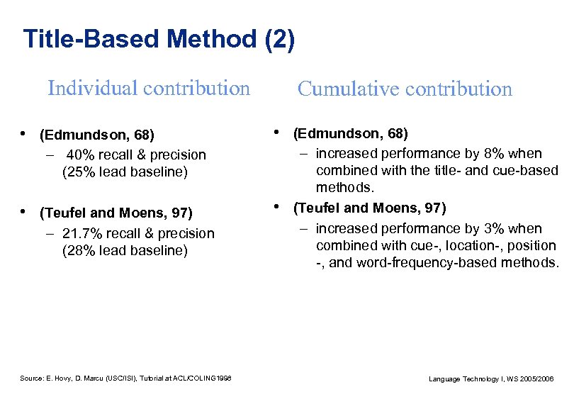 Title-Based Method (2) Individual contribution • (Edmundson, 68) – 40% recall & precision (25%