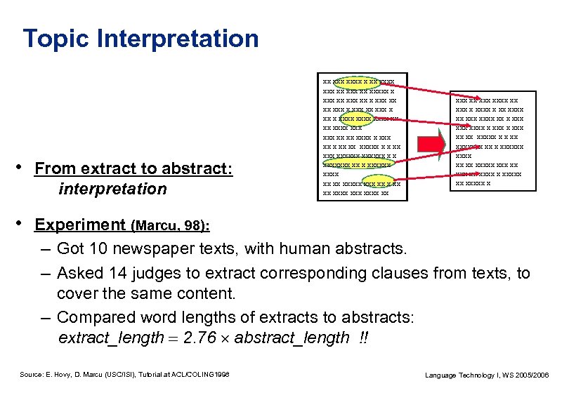 Topic Interpretation • From extract to abstract: interpretation xx xxxx xxx xx xxxxx xx