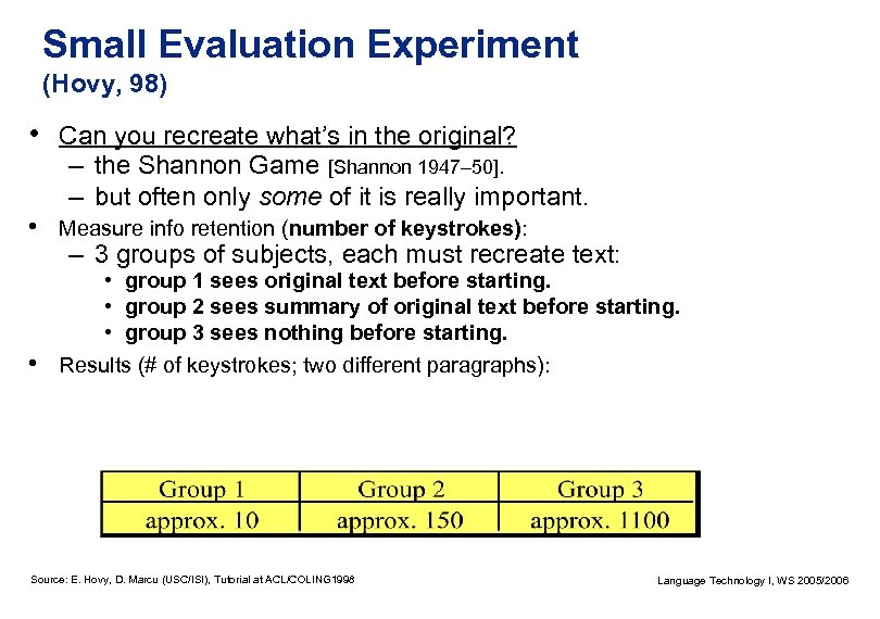 Small Evaluation Experiment (Hovy, 98) • Can you recreate what’s in the original? –