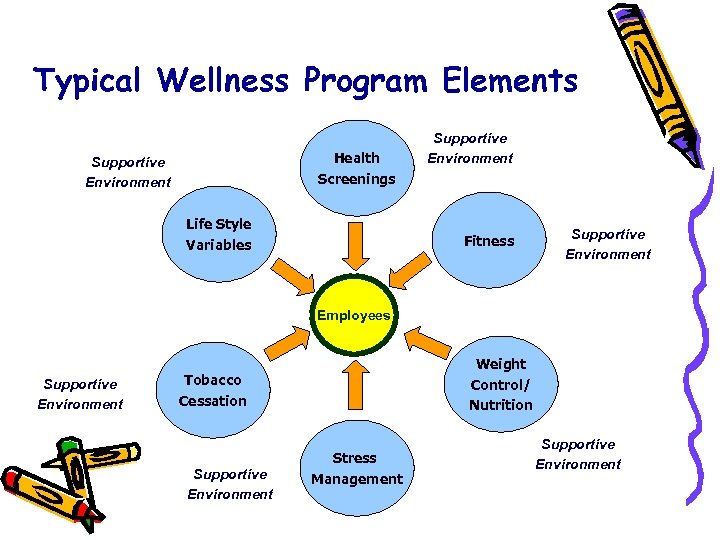 Typical Wellness Program Elements Health Screenings Supportive Environment Life Style Variables Supportive Environment Fitness