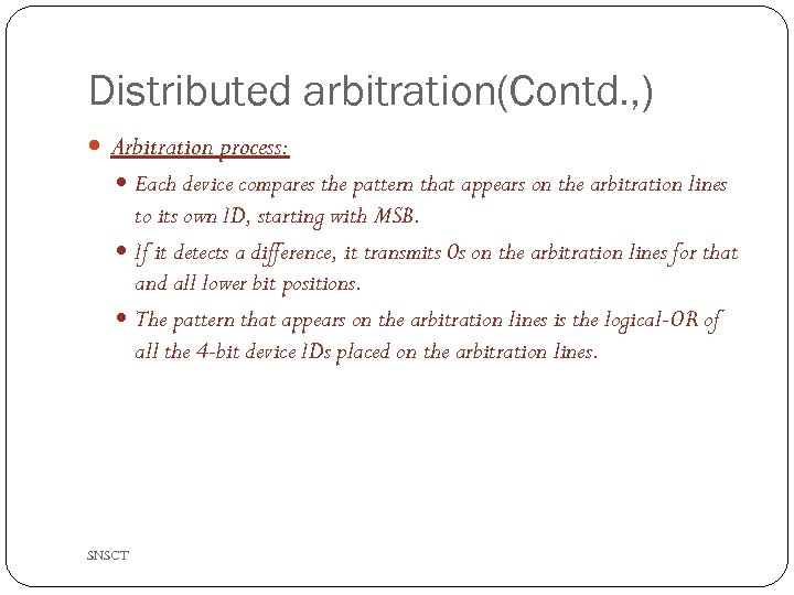 Distributed arbitration(Contd. , ) Arbitration process: Each device compares the pattern that appears on