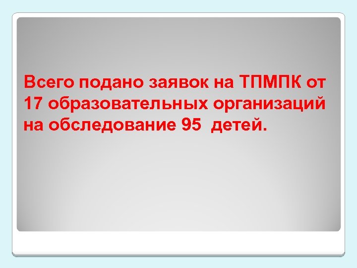 Всего подано заявок на ТПМПК от 17 образовательных организаций на обследование 95 детей. 