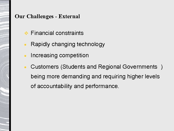 Our Challenges - External v Financial constraints · Rapidly changing technology · Increasing competition