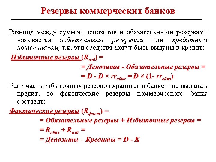 Резервы коммерческих банков Разница между суммой депозитов и обязательными резервами называется избыточными резервами или