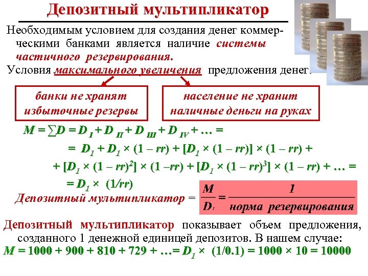Депозитный мультипликатор Необходимым условием для создания денег коммерческими банками является наличие системы частичного резервирования.