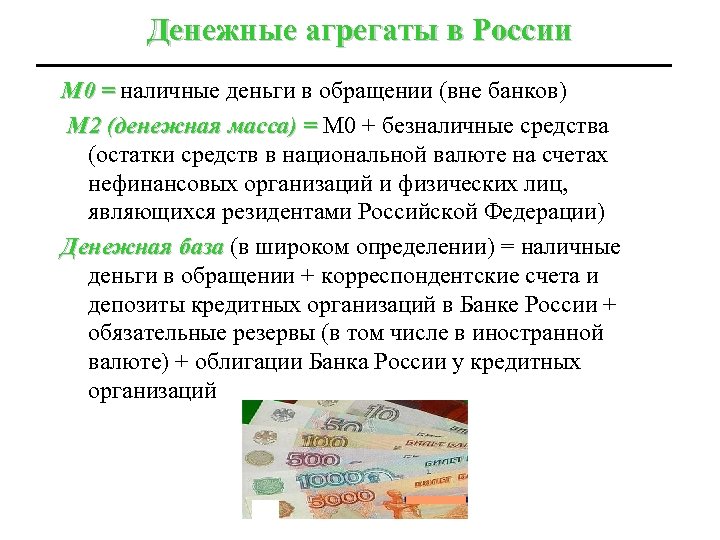Денежные агрегаты в России М 0 = наличные деньги в обращении (вне банков) М
