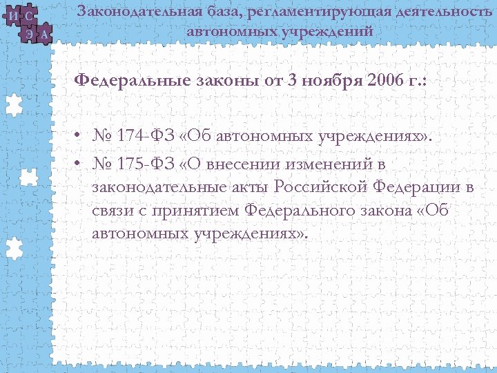 Законодательная база, регламентирующая деятельность автономных учреждений Федеральные законы от 3 ноября 2006 г. :