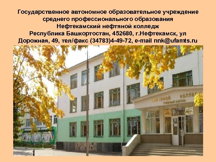 Государственное автономное образовательное учреждение среднего профессионального образования Нефтекамский нефтяной колледж Республика Башкортостан, 452680, г.