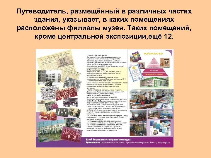 Путеводитель, размещённый в различных частях здания, указывает, в каких помещениях расположены филиалы музея. Таких