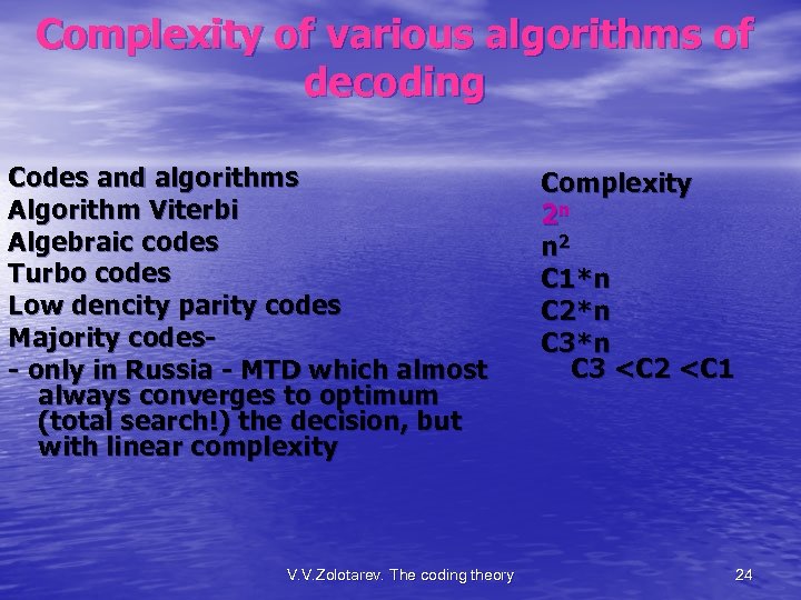 Complexity of various algorithms of decoding Codes and algorithms Algorithm Viterbi Algebraic codes Turbo